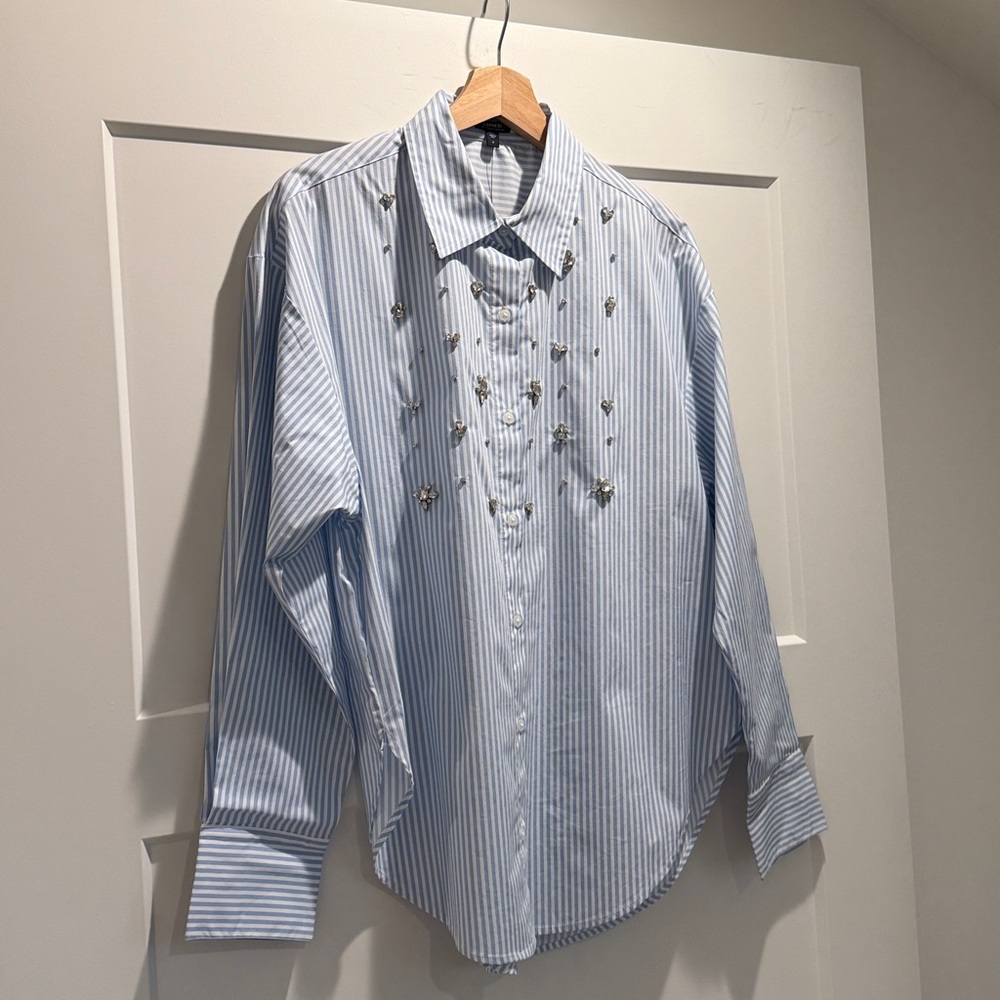 Express Embellished Striped Boyfriend Portofino Shirt in Size S | New With Tags - Picture 9 of 13